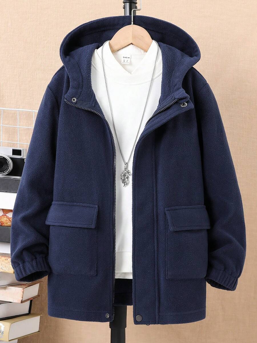 男童连帽保暖内衬外套（带翻盖口袋） - 藏蓝色 - 查看 1