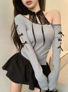Dazy Star Áo thun ren tương phản cắt xẻ họa tiết rắn, áo đi chơi lễ hội, quần áo mùa thu tay dài cho nữ - Xám - Xem 7