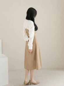 DAZY 雙色燈籠袖假兩件洋裝附腰帶 - 卡其色 - 查看 2