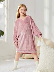 SHEIN Girls' Knitted Solid Color Plush V-neck Loose Mid-length Home Clothes - Pink - View 4