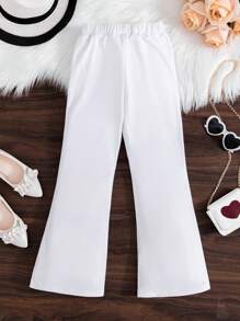 SHEIN Tween Girls' Letter Patch Detail Flare Pants, Casual & Fashionable, High-Waisted Design, Letter Patch Decor, Flare Leg - White - View 2