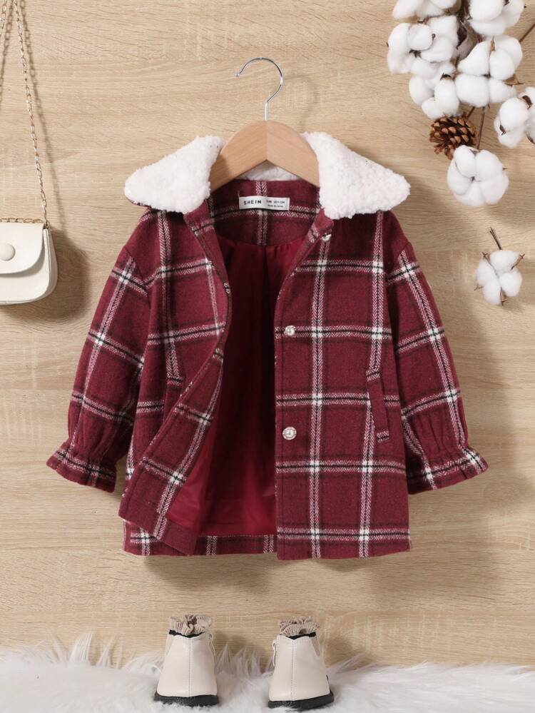 Baby Girl Plaid Print Borg Collar Flounce Sleeve Overcoat