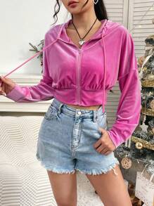 SHEIN Unity Của phụ nữ Dây rút áo có mũ Nhung Áo khoác - Hồng - Xem 1