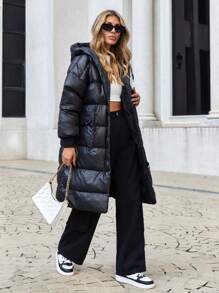 EURMUSE Zip Up Hooded Puffer Coat - Black - View 1