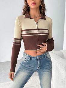 SHEIN EZwear Randigt Mönster Tvåtonad Dragkedja Beskuren Kofta - Kaffebrun - Visa 5