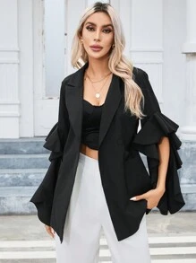 SHEIN Privé Viền Ruffle tay áo lá sen Túi vá Áo vest - màu đen - Xem 4