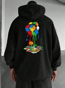 EASEVO 宽松大码男士魔方印花连帽衫 - 黑色 - 查看 2