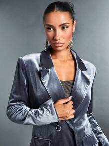 SHEIN BAE Double Breasted Velvet Blazer - Grey - View 6