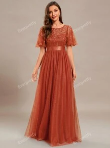 Flutter Sleeve Floral Sequin Dress Mesh Prom Formal Dress For Dinner Elegant Evening Dress Bridesmaid Dress For Wedding