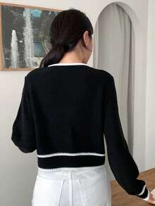 DAZY Viền tương phản Nút phía trước Áo len Mở - màu đen - Xem 2
