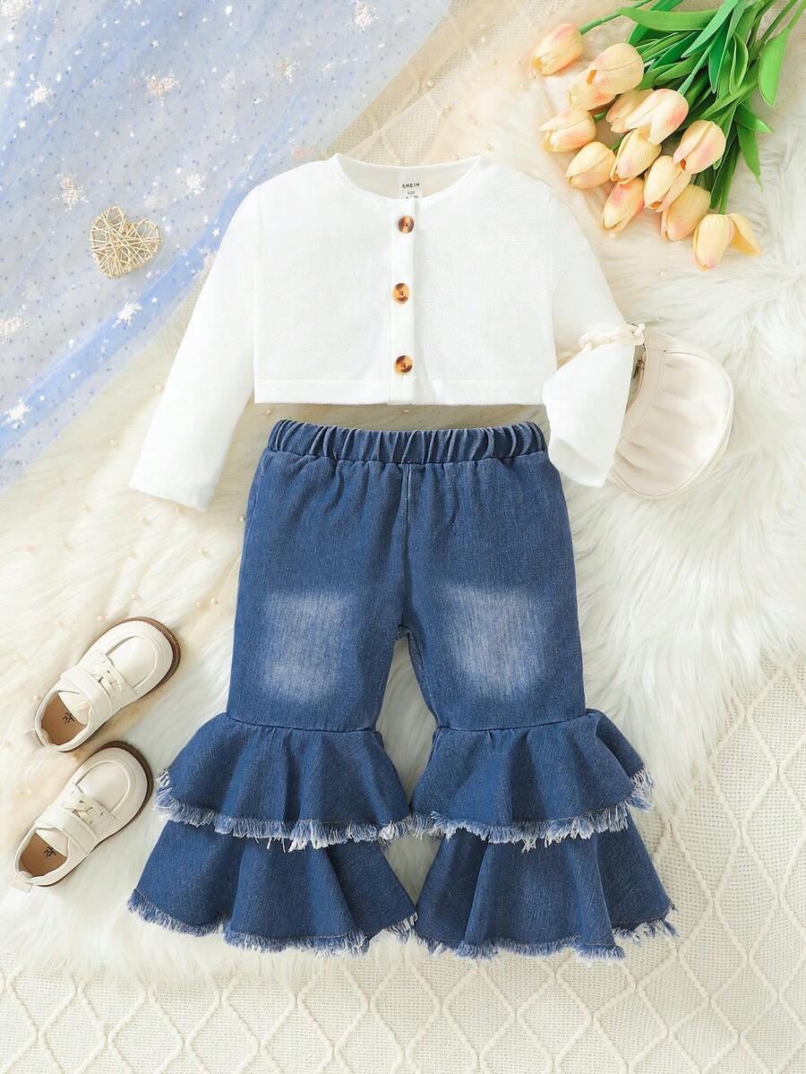 Baby Girl Button Front Tee & Raw Hem Flare Leg Jeans - Multicolor - View 1