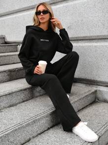 EURMUSE Letter Graphic Drop Shoulder Hoodie & Sweatpants - Black - View 5