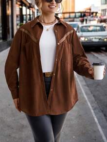 SHEIN LUNE Hơn Băng tương phản Đã vá Túi Vải to sợi Áo sơ mi - màu nâu - Xem 4