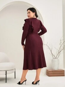 Modelyn Burgundy Red Plus Ruffle Trim Pleated Hem Sweater Dress - Burgundy - View 2