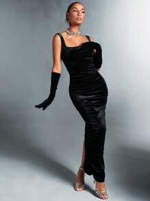 SHEIN BAE Women's Black Elegant Velvet Ruched Bodycon Dress, Suitable For Parties, Birthdays - Black - View 6