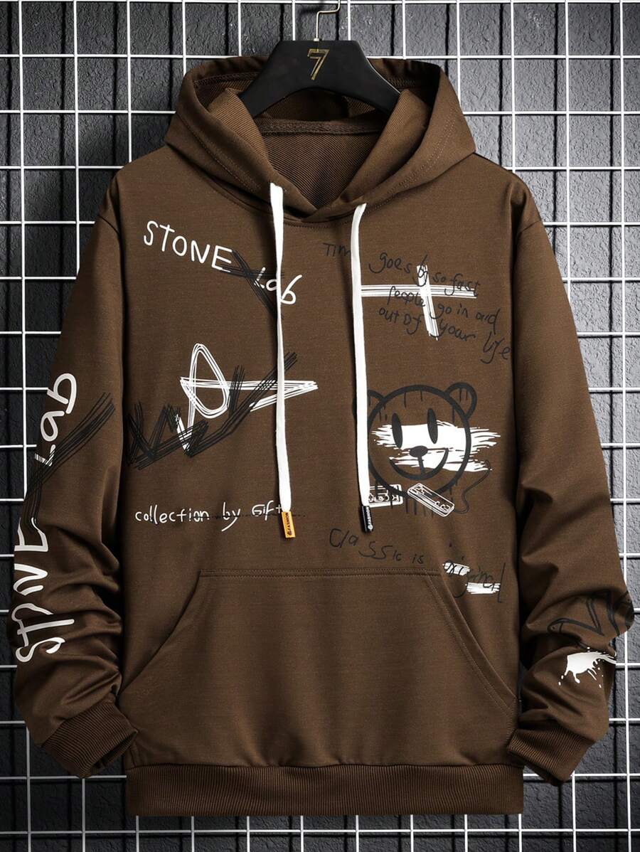 Manfinity EMRG Men Cartoon & Slogan Print Kangaroo Pocket Drawstring Hoodie - Brown - View 1