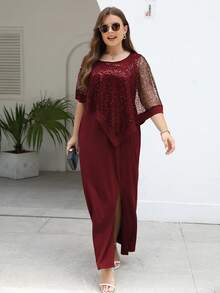 Nemidor Plus Contrast Mesh Split Thigh Dress - Burgundy - View 4