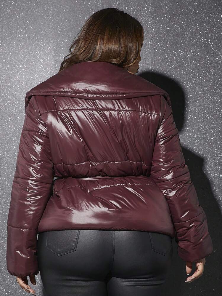 Plus Solid Belted Padded Coat