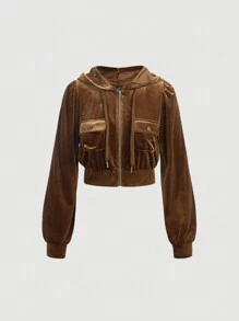 SHEIN MOD Túi có nắp Dây kéo áo có mũ Nhung Áo khoác - màu nâu - Xem 1