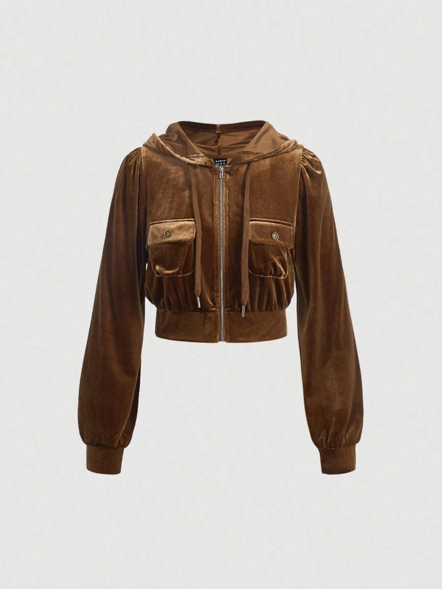 SHEIN MOD Túi có nắp Dây kéo áo có mũ Nhung Áo khoác - màu nâu - Xem 1