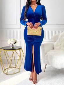 褶邊高衩前收褶高衩洋裝 - 寶藍色 - 查看 5