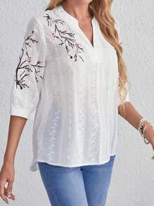 EMERY ROSE Blusa con bordado floral de cuello notch con bordado con ojal - Blanco - Ver 4