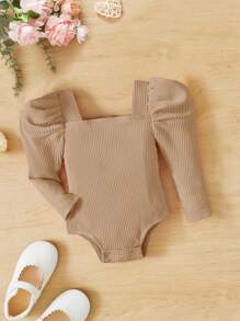SHEIN Leap Crew Baby Girl Square Neck Puff Sleeve Ribbed Knit Bodysuit - Khaki - View 1