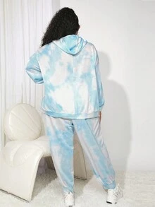 SHEIN CURVE+ 大碼紮染落肩袖抽繩連帽衫和運動褲 - 淺藍色 - 查看 2