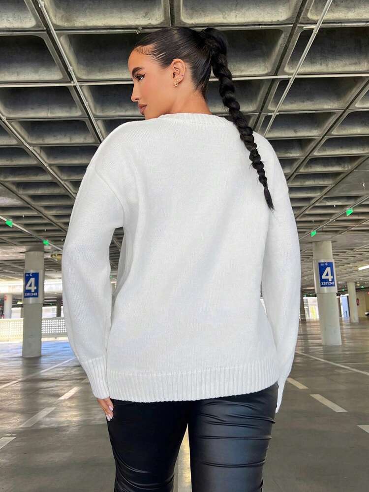 Ladies' Sweater With Slogan Print Round Neck And Drop Shoulder Party