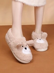 Embroidered Detail Bear Design Fuzzy Novelty Slippers - Khaki - View 4