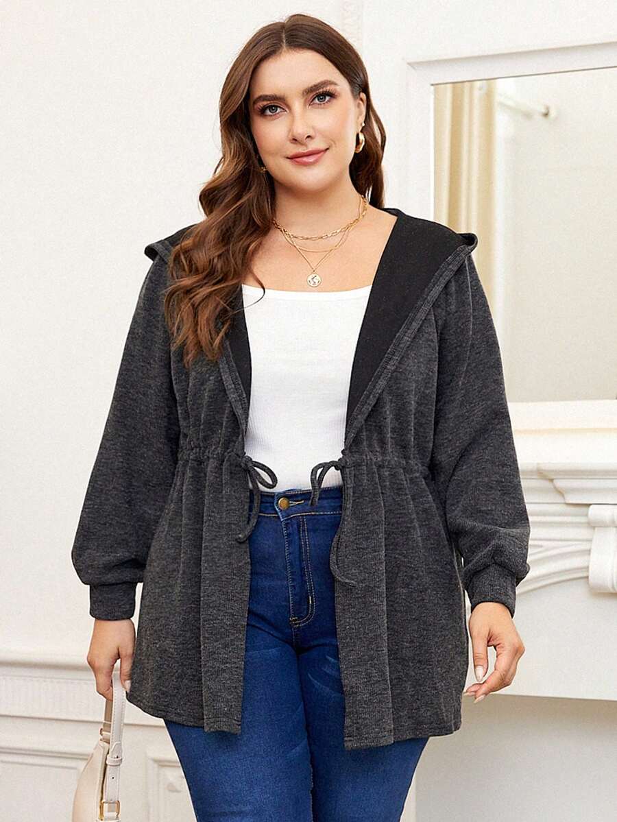 SHEIN Franclia Hơn Eo dây rút Áo trùm đầu - Xám - Xem 1