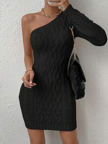 Chiquease One Shoulder Cable Knit Bodycon Sweater Dress - Black - View 4