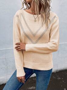 SHEIN LUNE Mô hình Chevron Cổ thuyền Thả vai Áo len - Màu be - Xem 5