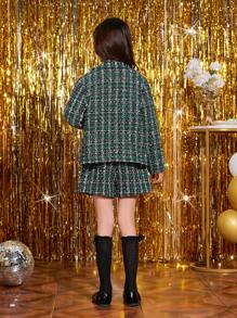 SHEIN Tween Girl Plaid Pattern Double Breasted Tweed Blazer & Shorts - Green - View 2