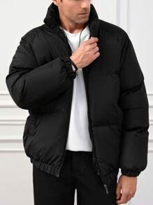 RueChic Men Raglan Sleeve Zipper Puffer Coat - Black - View 6