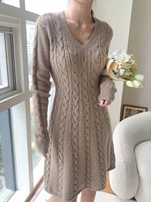 DAZY 纯色粗针织毛衣裙，秋季女装 - 咖啡棕 - 查看 3