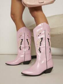 SHUZIA Embroidery Detail Western Boots - Pink - View 3