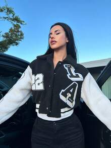 SHEIN Unity Letter Patched Two Tone Drop Shoulder Crop Jacket - Black - View 3