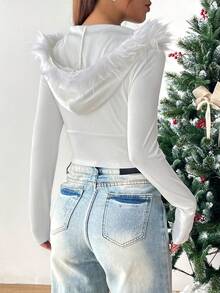 SHEIN EZwear Fuzzy Trim Crop Jacket - White - View 3