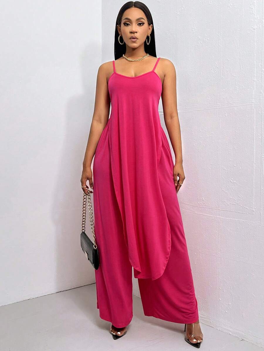 Slaydiva Áo Cami trơn & Quần ống rộng - Màu Hồng Tươi - Xem 1