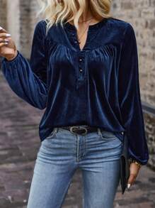 EMERY ROSE Notched Neckline Lantern Sleeve Tee Fall Cloth For Women - Blue - View 6