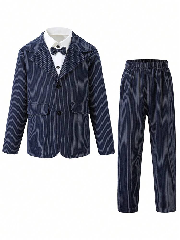 Tween Boy 1pc Striped Print Blazer & 1pc Pants & 1pc Bow Shirt