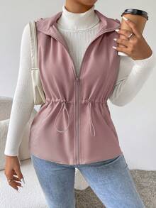 SHEIN Essnce Áo vest có dây rút, lót gấu Teddy, khóa kéo, áo khoác có đệm, quần áo mùa đông - Bụi hồng - Xem 5