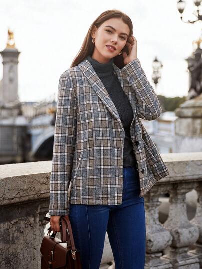 SHEIN Frenchy Abrigo con estampado de cuadros de cuello esmoquin