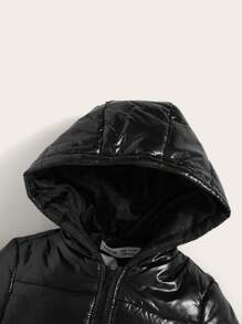 SHEIN Baby Boy/Girl Casual Solid Color Hooded Thick Jacket With Shiny Fabric - Black - View 4