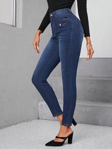 SHEIN LUNE Jeans ajustados de talle alto - Azul lavado medio - Ver 3