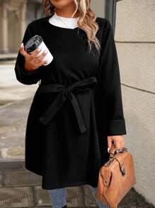 SHEIN LUNE Plus Solid Belted Overcoat - Black - View 4