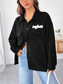 SHEIN EZwear Letter Graphic Flap Pocket Drop Shoulder Corduroy Coat - Black - View 3