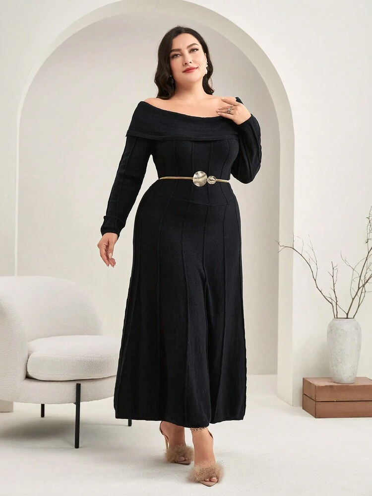Plus Off Shoulder Sweater Dress Without Belt