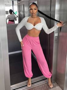 SHEIN SXY Solid Elastic Waist Sweatpants - Pink - View 4